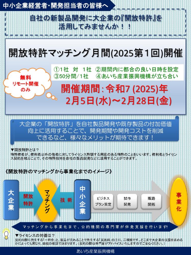 【大企業の『開放特許』を 活用してみませんか？】開放特許マッチング月間のお知らせ（2/5～2/28）