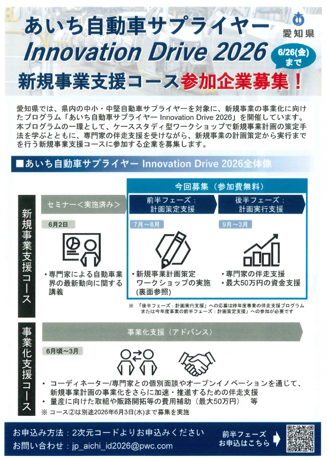 「あいち自動車サプライヤー Innovation Drive2026」新規事業支援コース参加企業募集!(愛知県)